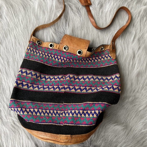 Boho chic bohemian fabric leather hobo slouchy shoulder tote bag black colorful - Picture 8 of 12